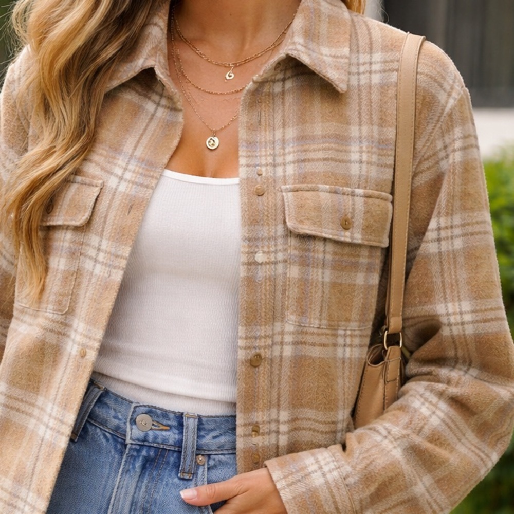 Princess Polly Signature Beige Plaid Shirt Jacket